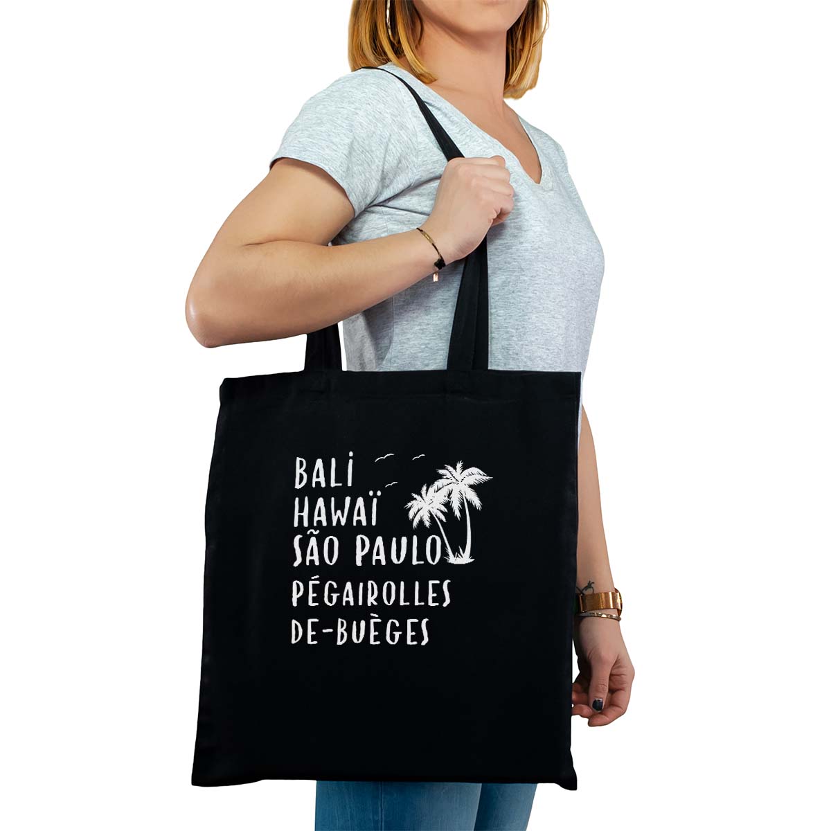Totebag cabas personnalisé noir pour femme avec le message personnalisé blanc bali hawaï sao-paulo pégairolles-de-buèges