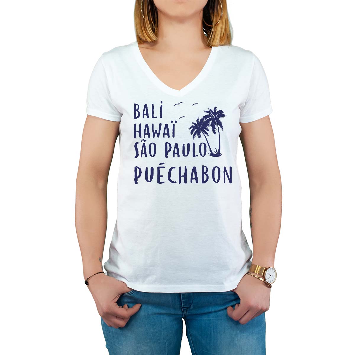 T-Shirt blanc pour femme avec le message personnalisé marine bali hawaï sao-paulo puéchabon