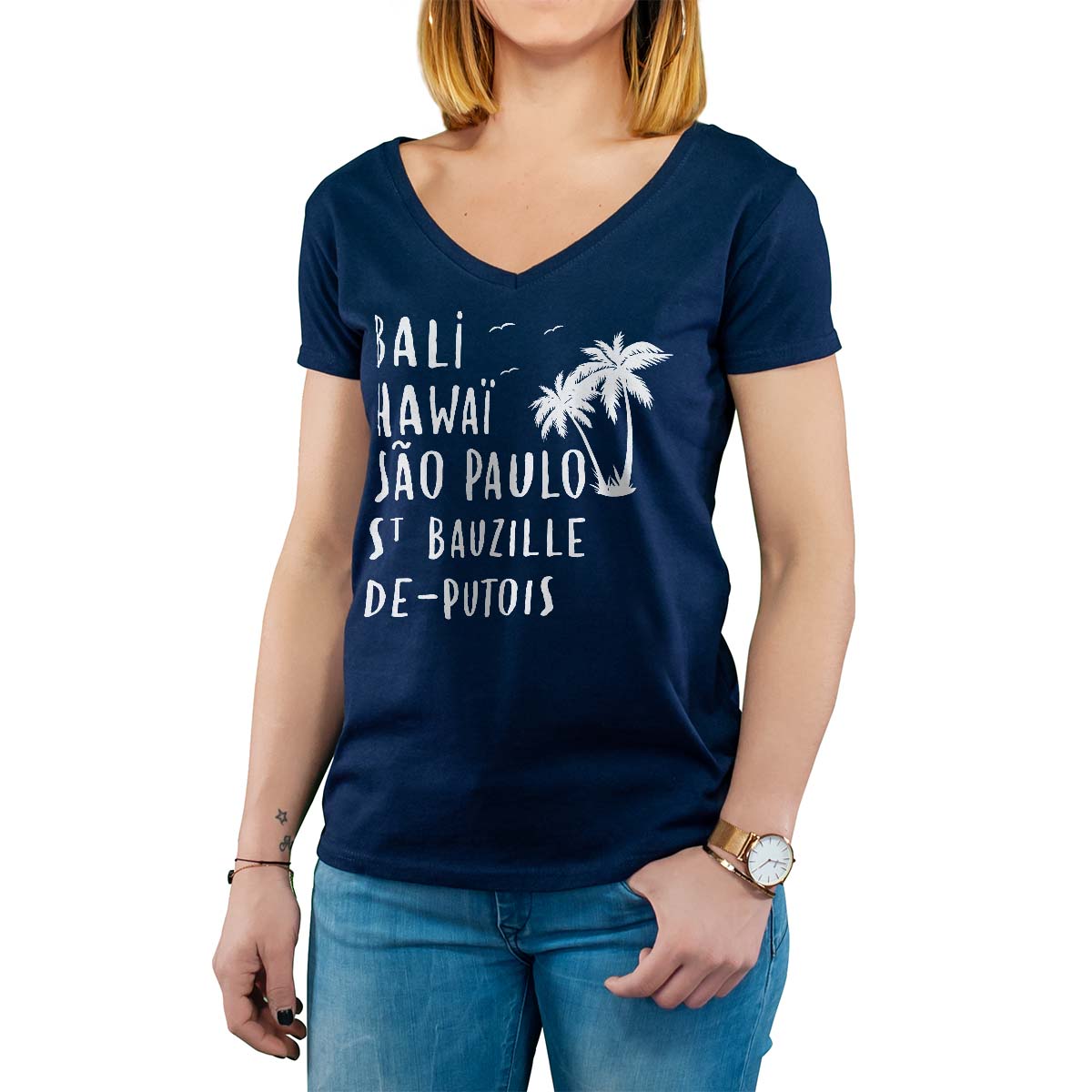 T-Shirt marine pour femme avec le message personnalisé blanc bali hawaï sao-paulo saint-bauzille-de-putois