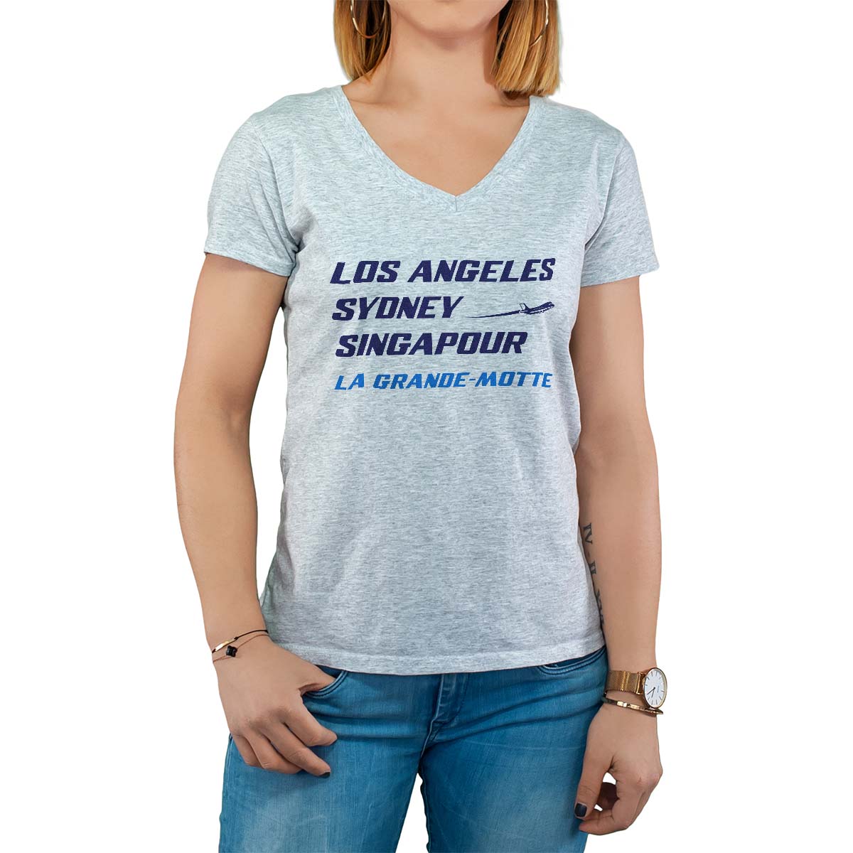 T-Shirt gris pour femme avec le message personnalisé marine los angeles sydney singapour la grande-motte