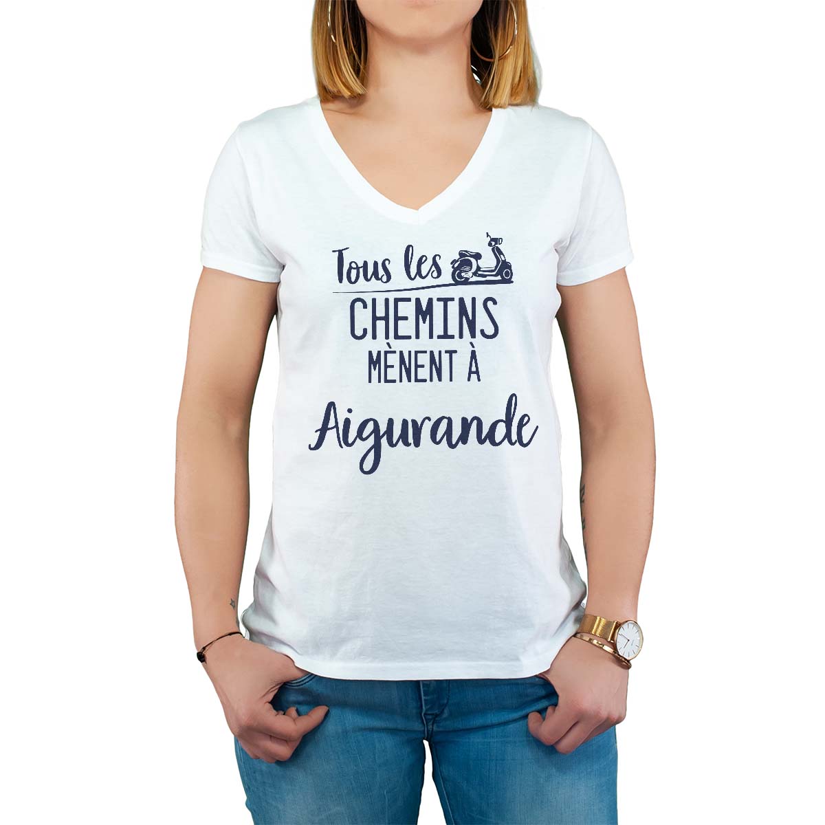T-Shirt blanc pour femme avec le message personnalisé marine tous les chemins mènent à aigurande