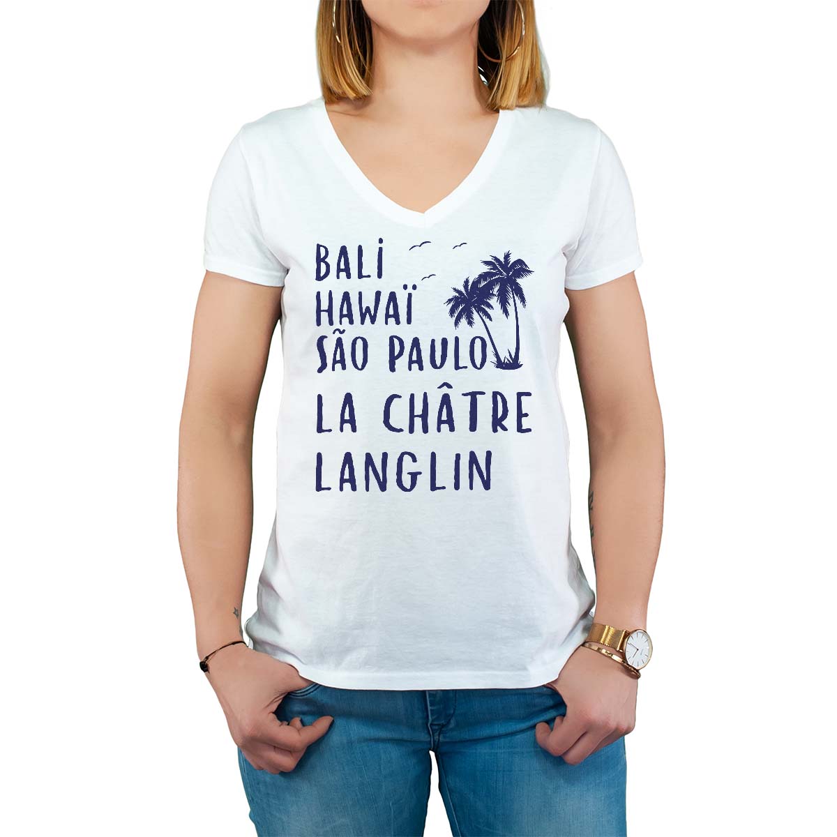 T-Shirt blanc pour femme avec le message personnalisé marine bali hawaï sao-paulo la châtre-langlin