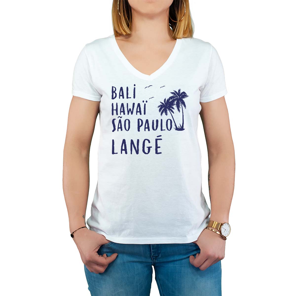 T-Shirt blanc pour femme avec le message personnalisé marine bali hawaï sao-paulo langé