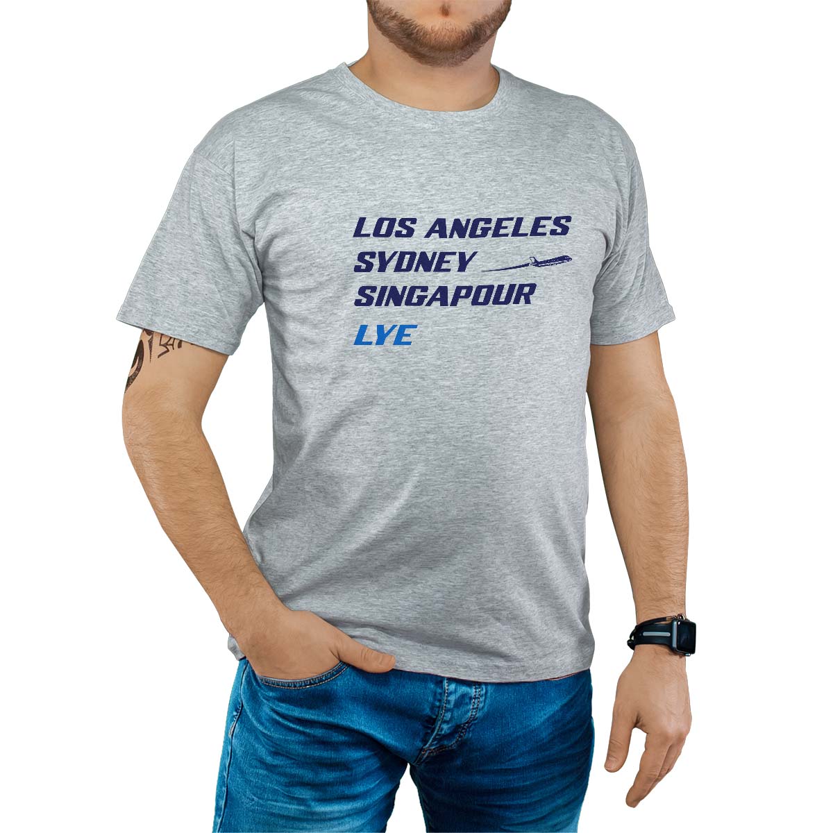 T-Shirt gris pour homme avec le message personnalisé marine los angeles sydney singapour lye