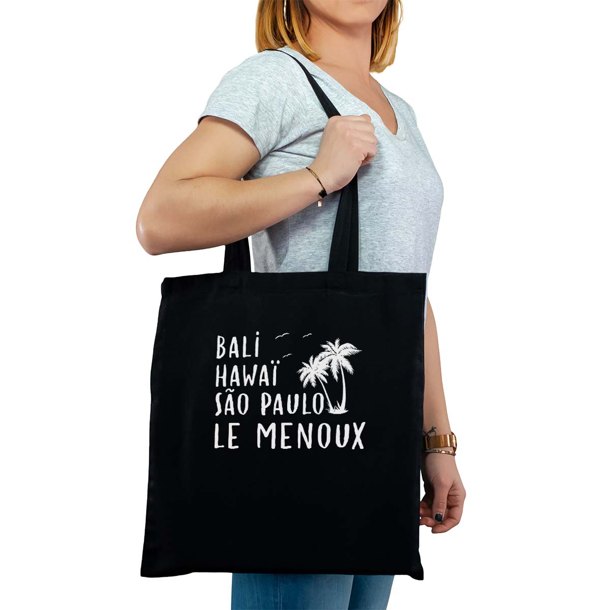 Totebag cabas personnalisé noir pour femme avec le message personnalisé blanc bali hawaï sao-paulo le menoux