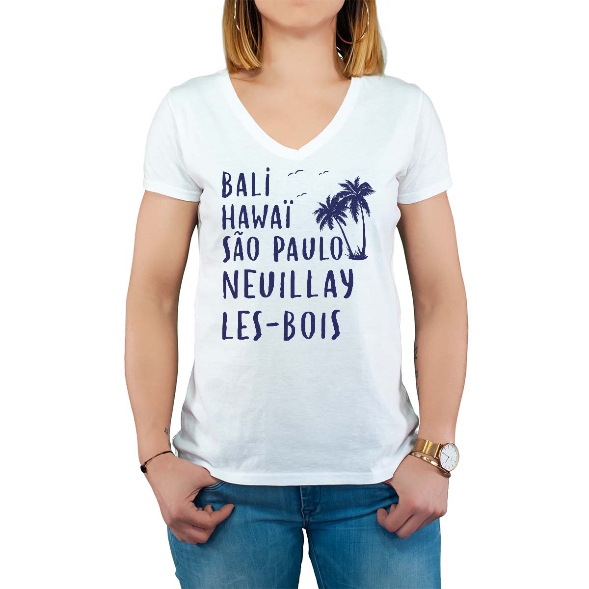 T-Shirt blanc pour femme avec le message personnalisé marine bali hawaï sao-paulo neuillay-les-bois