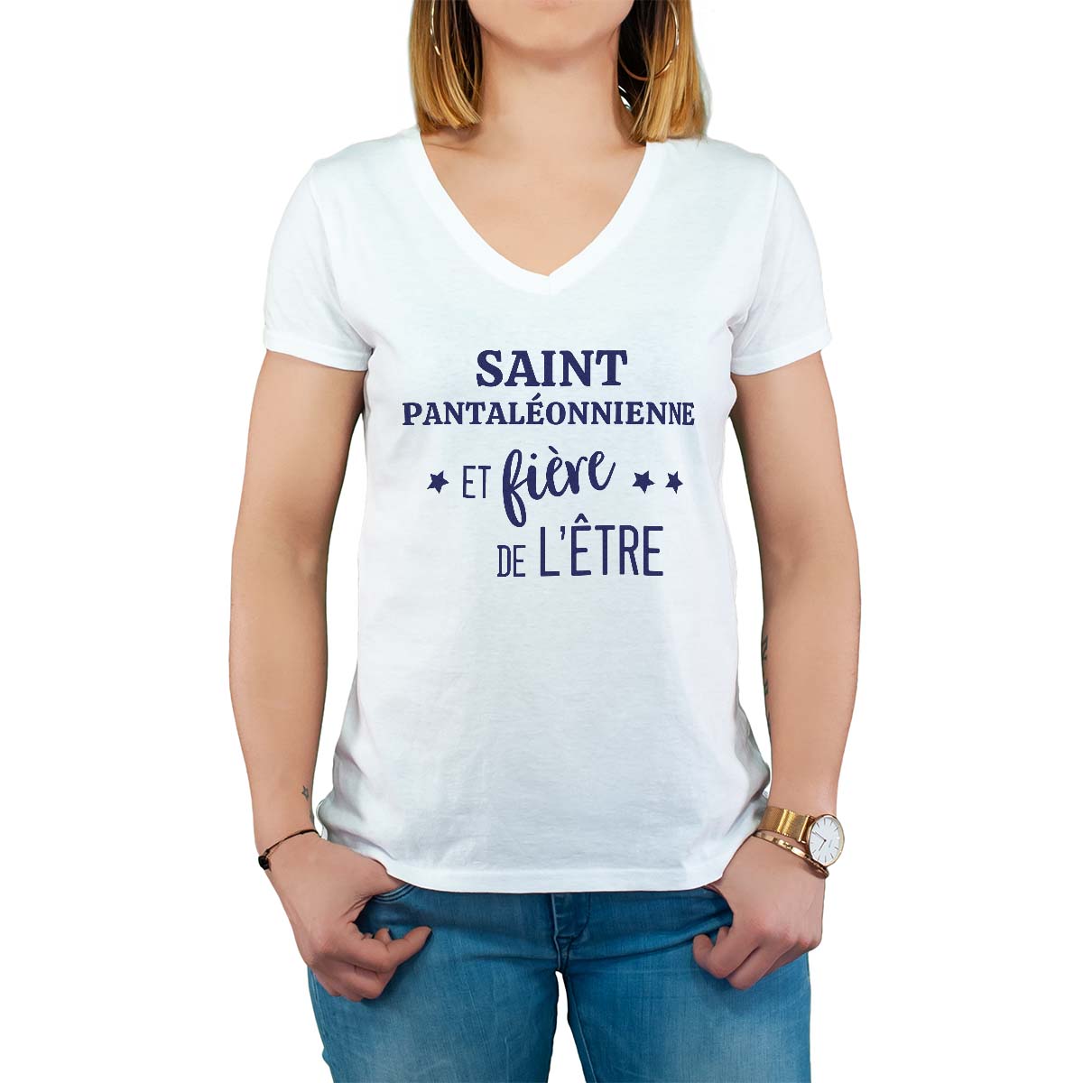 T-Shirt blanc pour femme avec le message personnalisé marine saint-pantaléonnienne  et fière de l'être