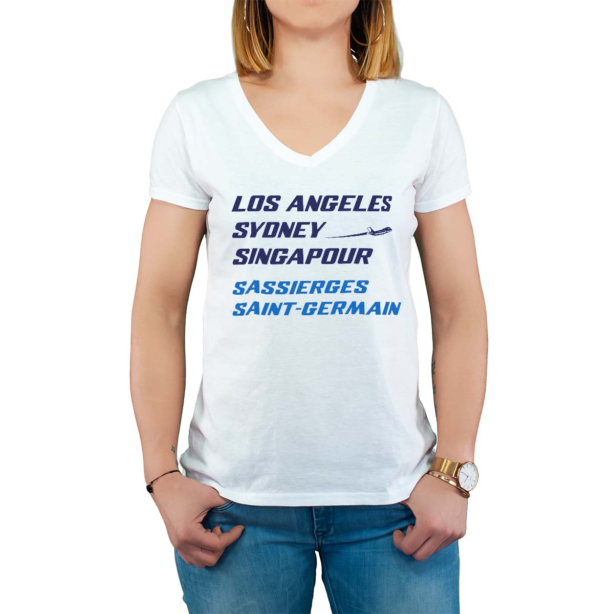 T-Shirt blanc pour femme avec le message personnalisé marine los angeles sydney singapour sassierges-saint-germain