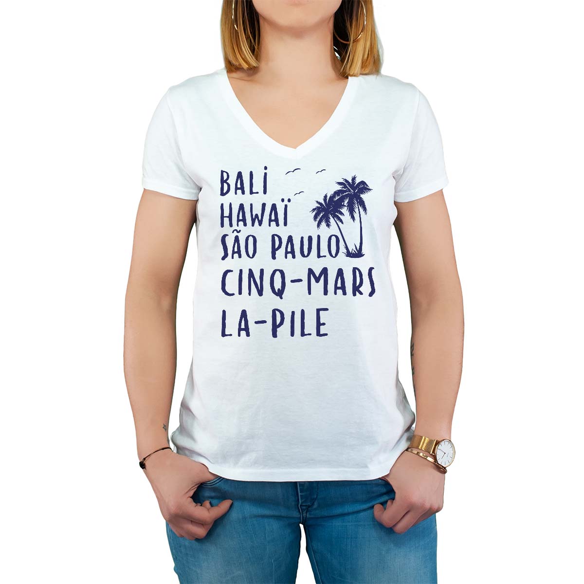 T-Shirt blanc pour femme avec le message personnalisé marine bali hawaï sao-paulo cinq-mars-la-pile