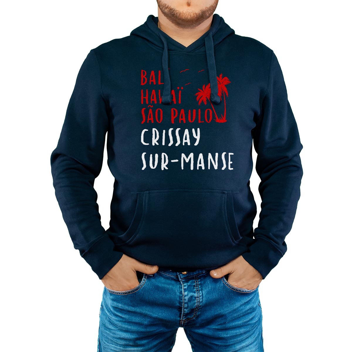 Sweat-shirt à capuche marine pour homme avec le message personnalisé rouge bali hawaï sao-paulo crissay-sur-manse