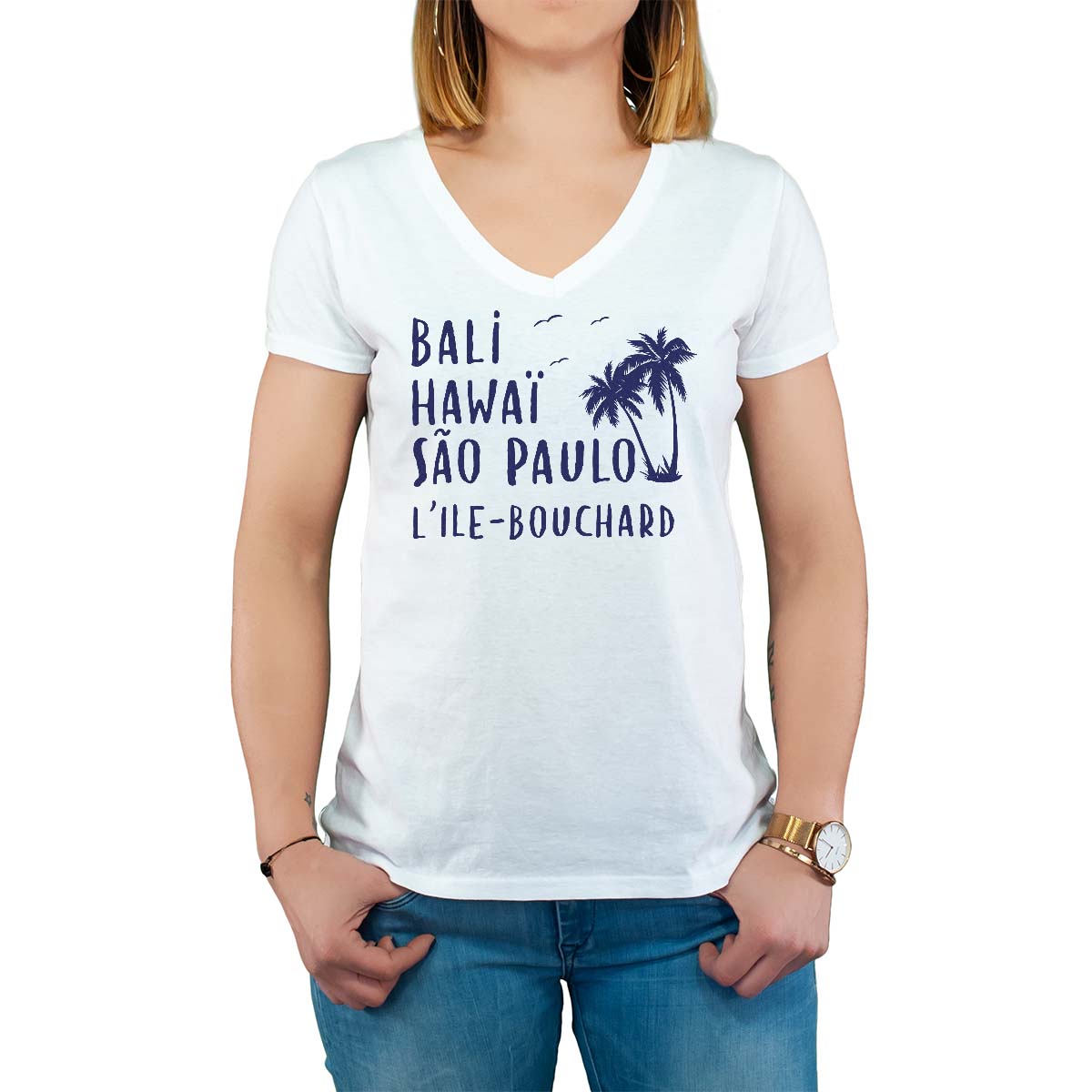 T-Shirt blanc pour femme avec le message personnalisé marine bali hawaï sao-paulo l'ile-bouchard