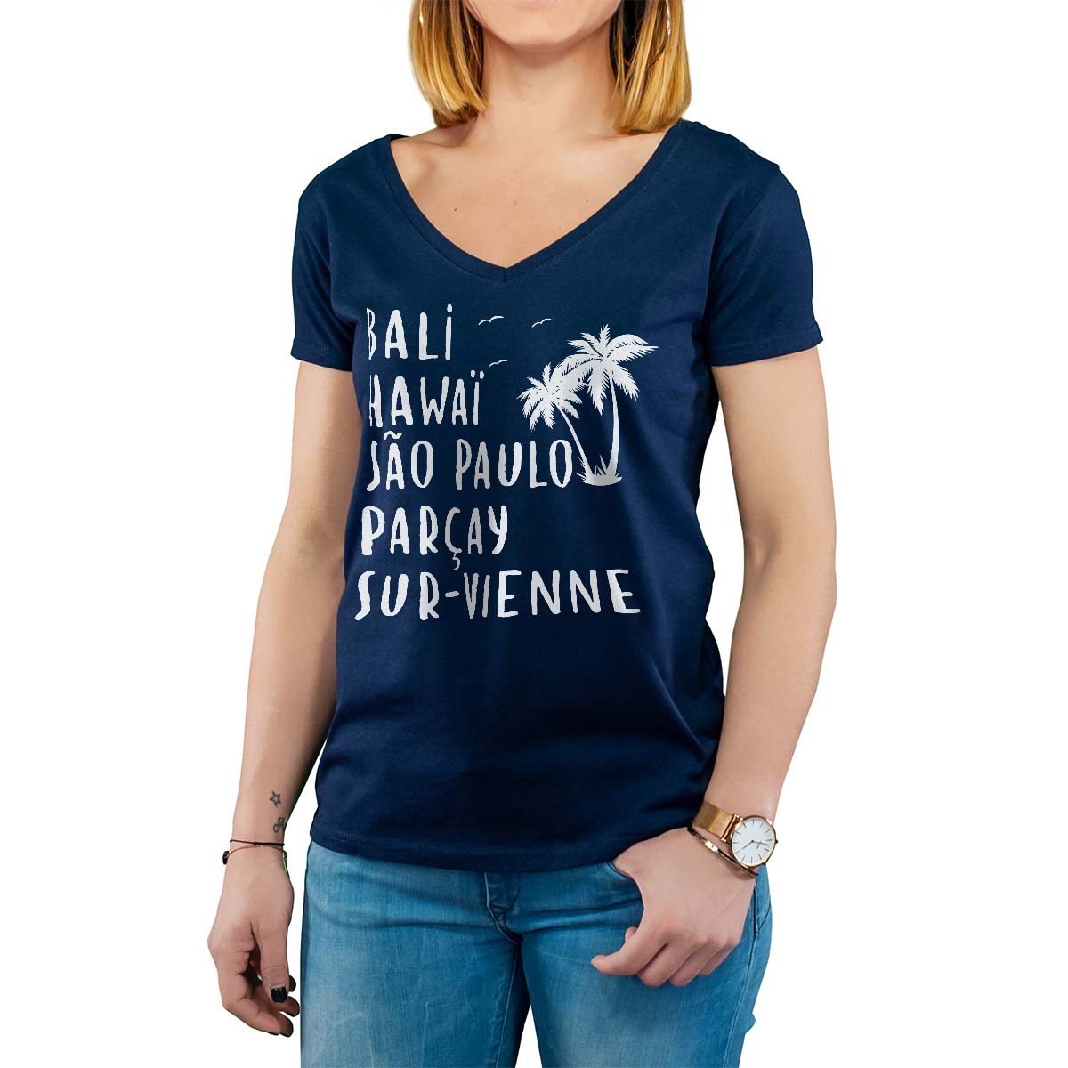 T-Shirt marine pour femme avec le message personnalisé blanc bali hawaï sao-paulo parçay-sur-vienne