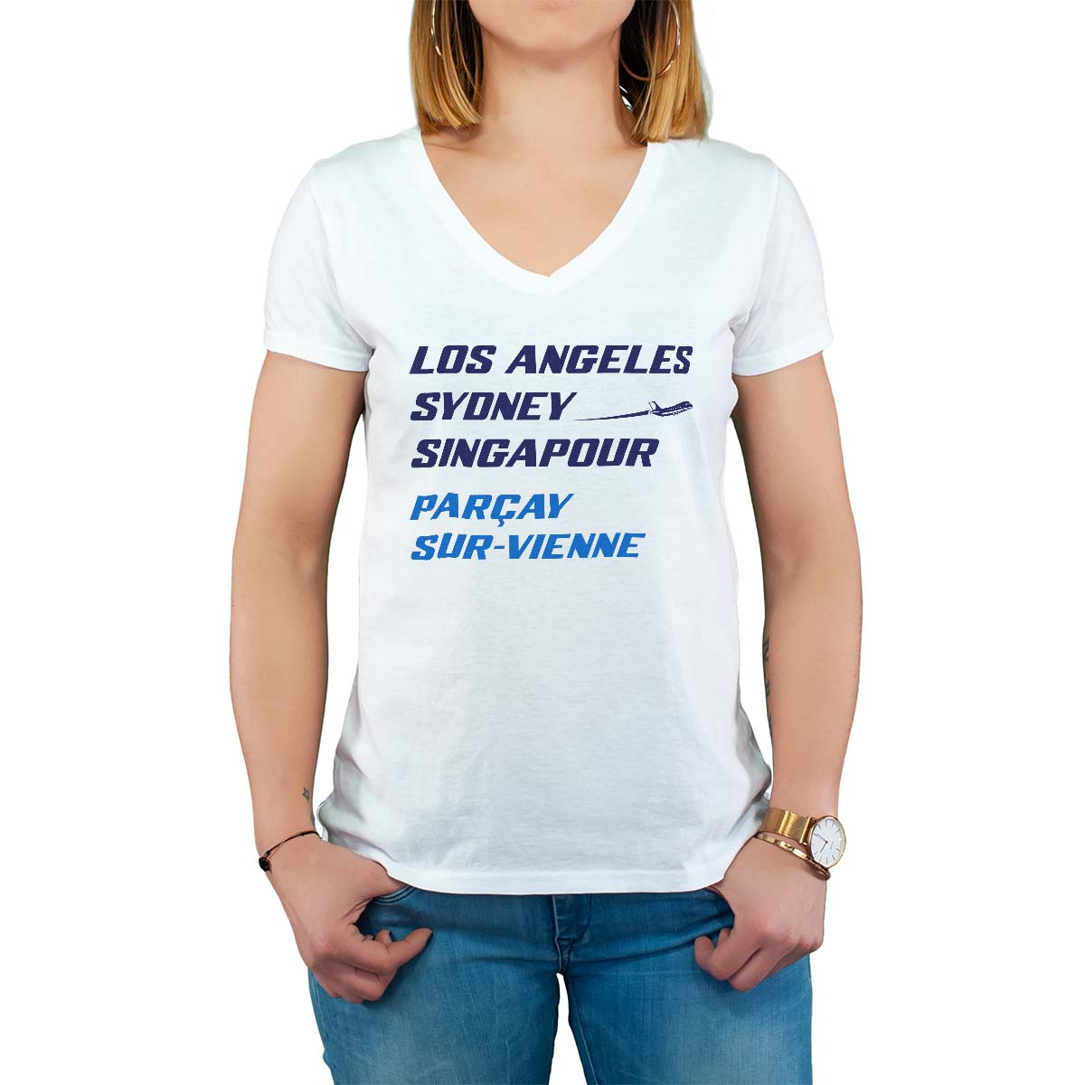 T-Shirt blanc pour femme avec le message personnalisé marine los angeles sydney singapour parçay-sur-vienne
