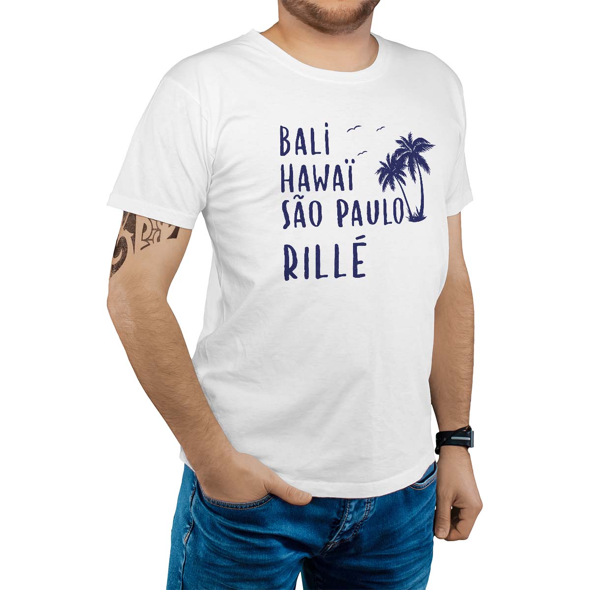 T-Shirt blanc pour homme avec le message personnalisé marine bali hawaï sao-paulo rillé