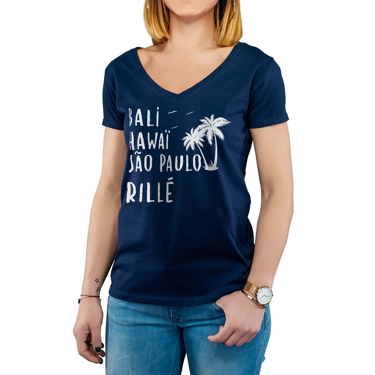 T-Shirt marine pour femme avec le message personnalisé blanc bali hawaï sao-paulo rillé