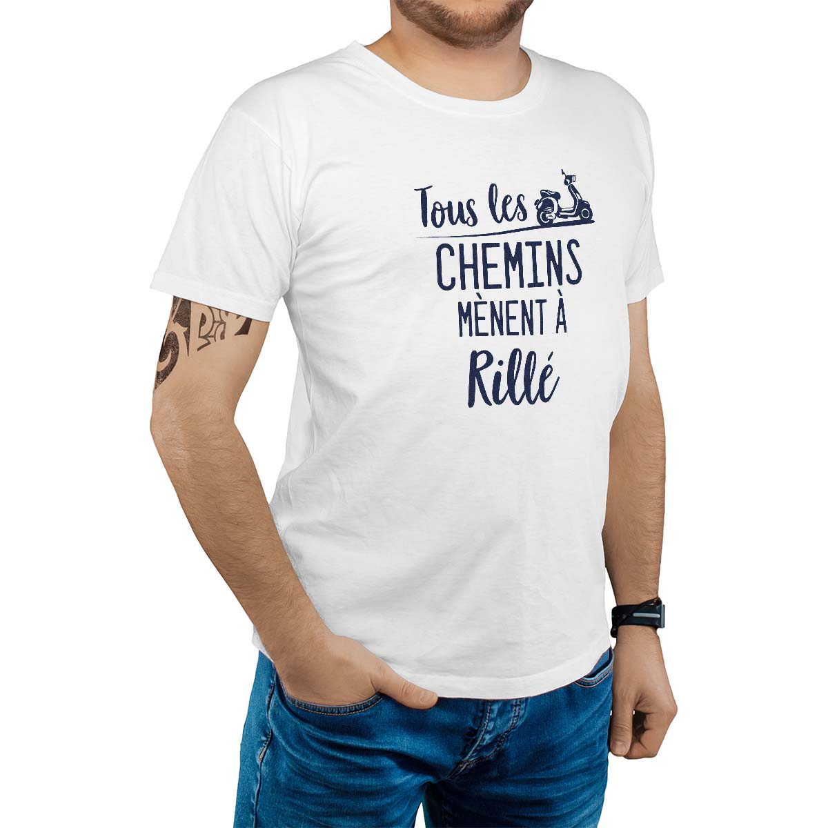 T-Shirt blanc pour homme avec le message personnalisé marine tous les chemins mènent à rillé