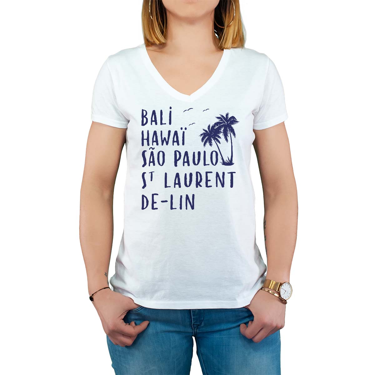T-Shirt blanc pour femme avec le message personnalisé marine bali hawaï sao-paulo saint-laurent-de-lin