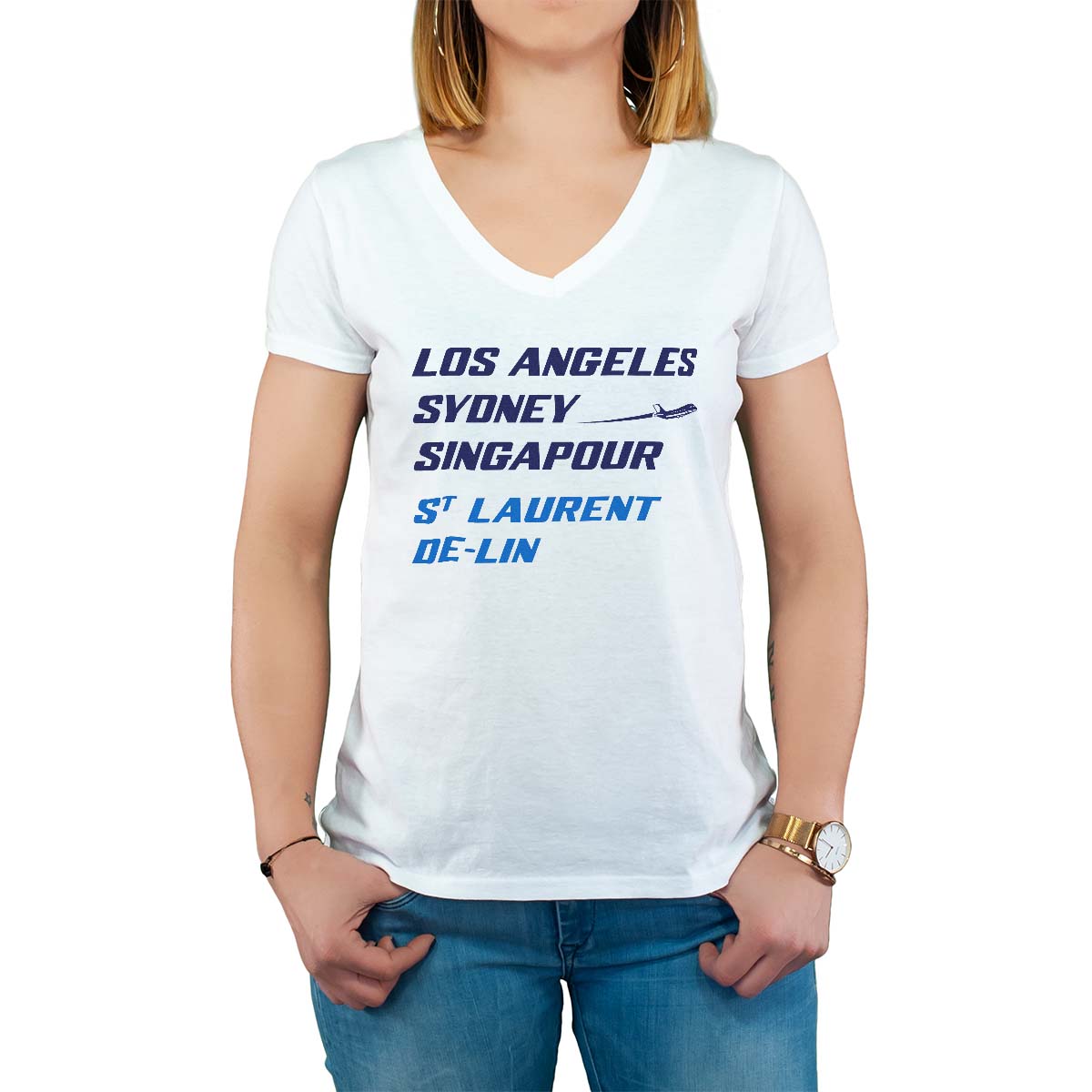 T-Shirt blanc pour femme avec le message personnalisé marine los angeles sydney singapour saint-laurent-de-lin