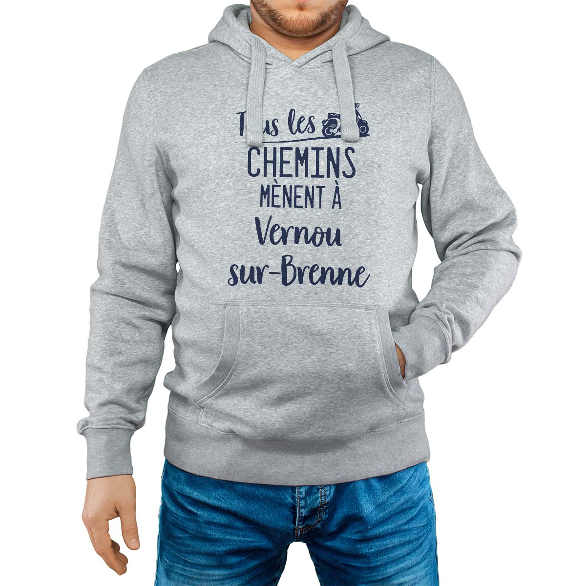 Sweat-shirt à capuche gris pour homme avec le message personnalisé marine tous les chemins mènent à vernou-sur-brenne