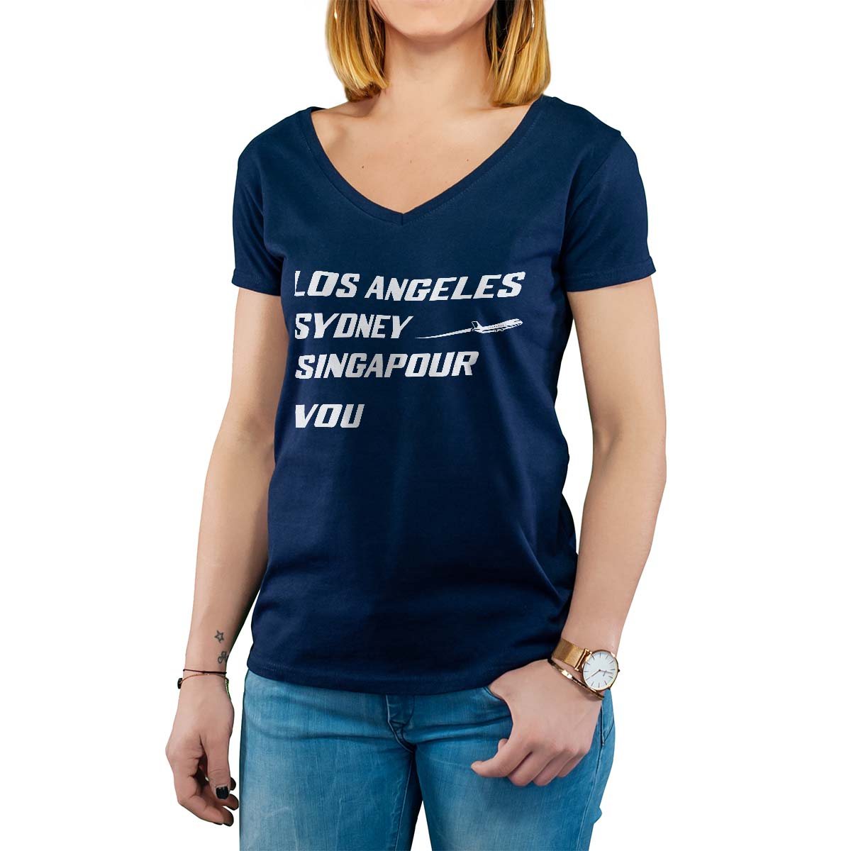 T-Shirt marine pour femme avec le message personnalisé blanc los angeles sydney singapour vou