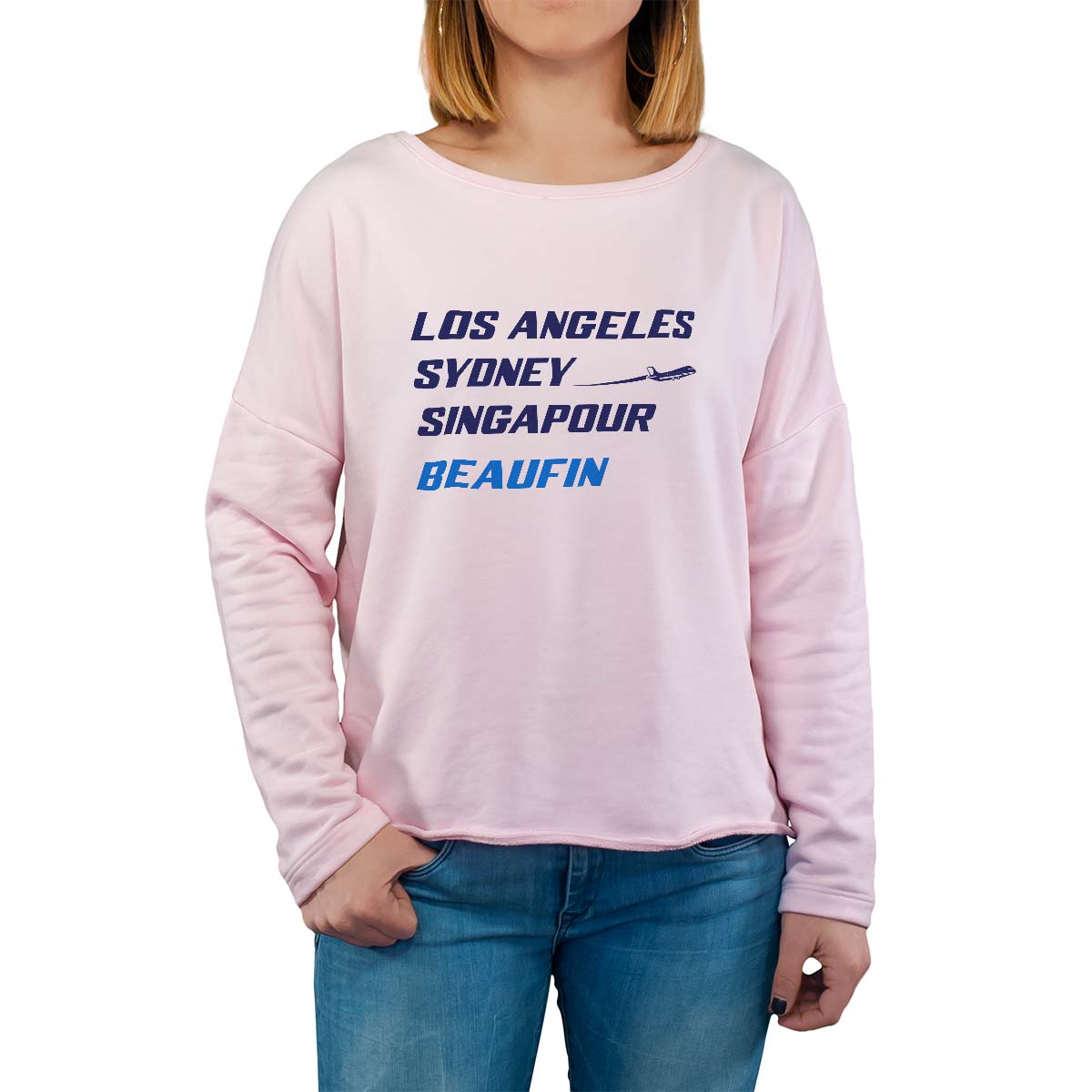 Sweat shirt rose pour femme avec le message personnalisé marine los angeles sydney singapour beaufin