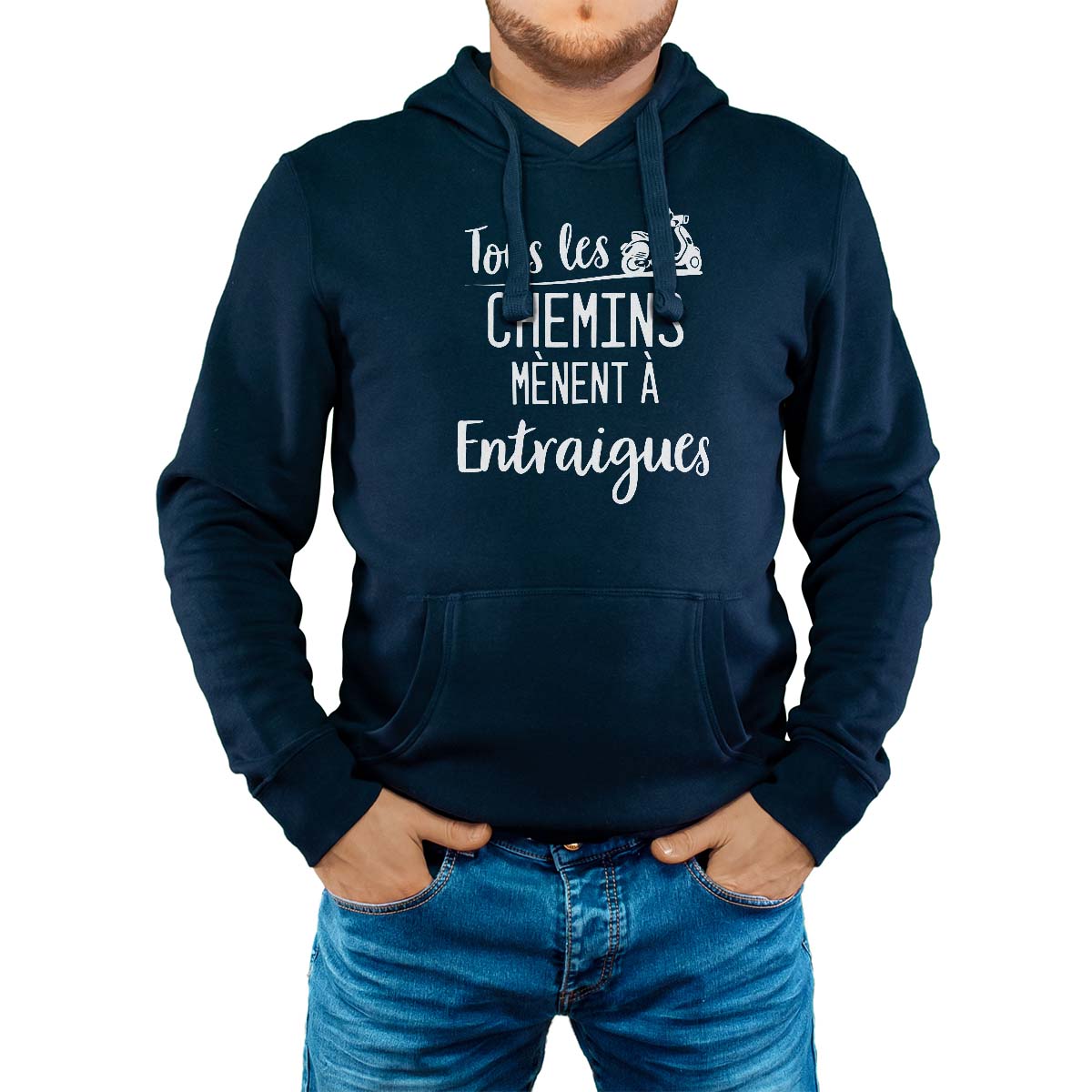 Sweat-shirt à capuche marine pour homme avec le message personnalisé blanc tous les chemins mènent à entraigues