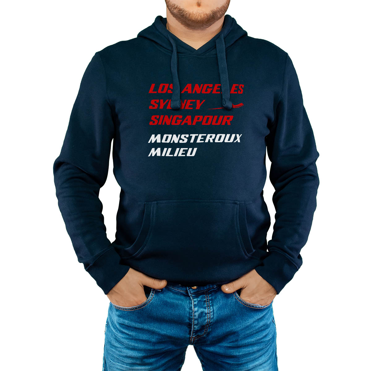 Sweat-shirt à capuche marine pour homme avec le message personnalisé rouge los angeles sydney singapour monsteroux-milieu