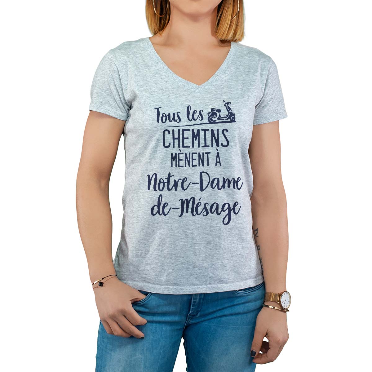 T-Shirt gris pour femme avec le message personnalisé marine tous les chemins mènent à notre-dame-de-mésage