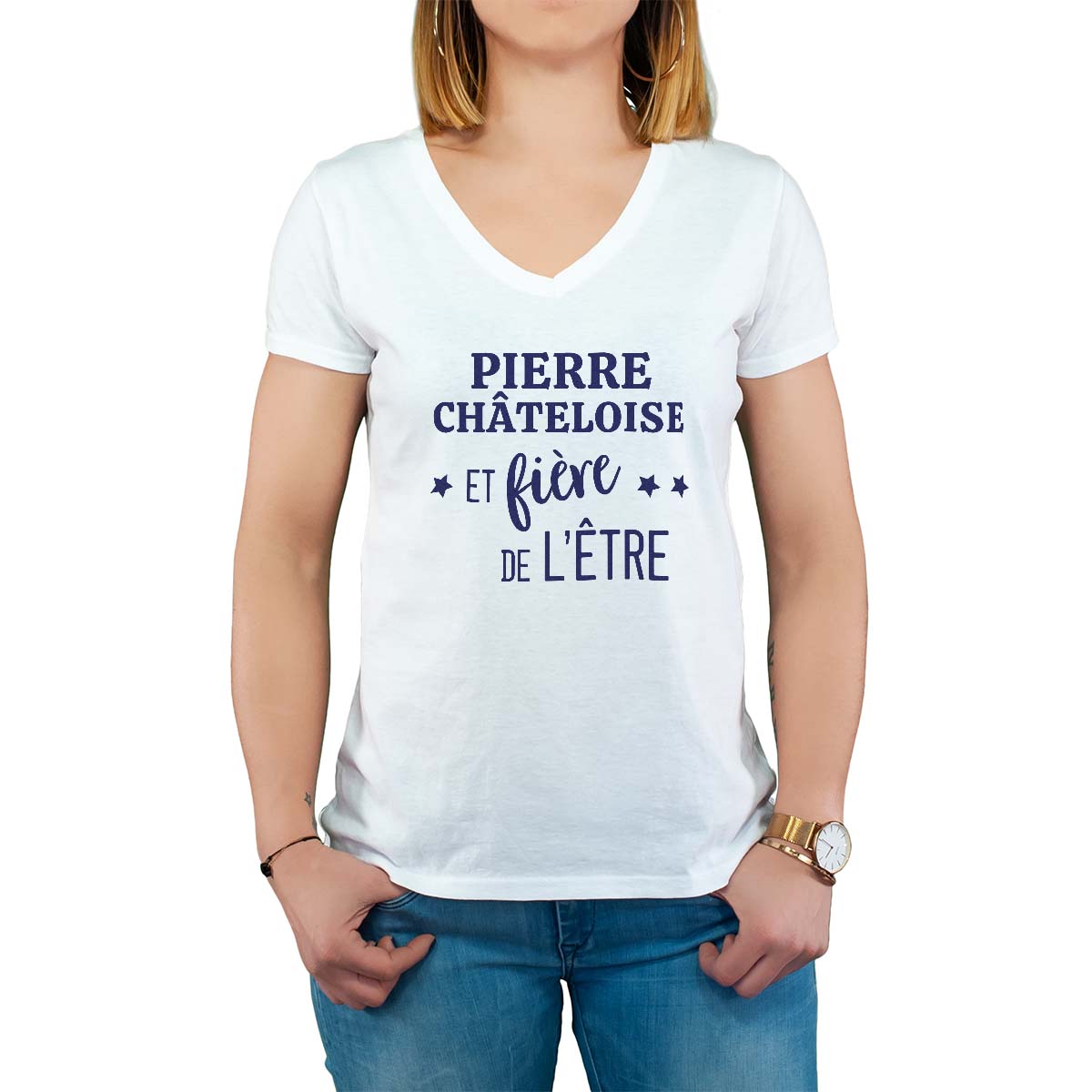 T-Shirt blanc pour femme avec le message personnalisé marine pierre-châteloise  et fière de l'être