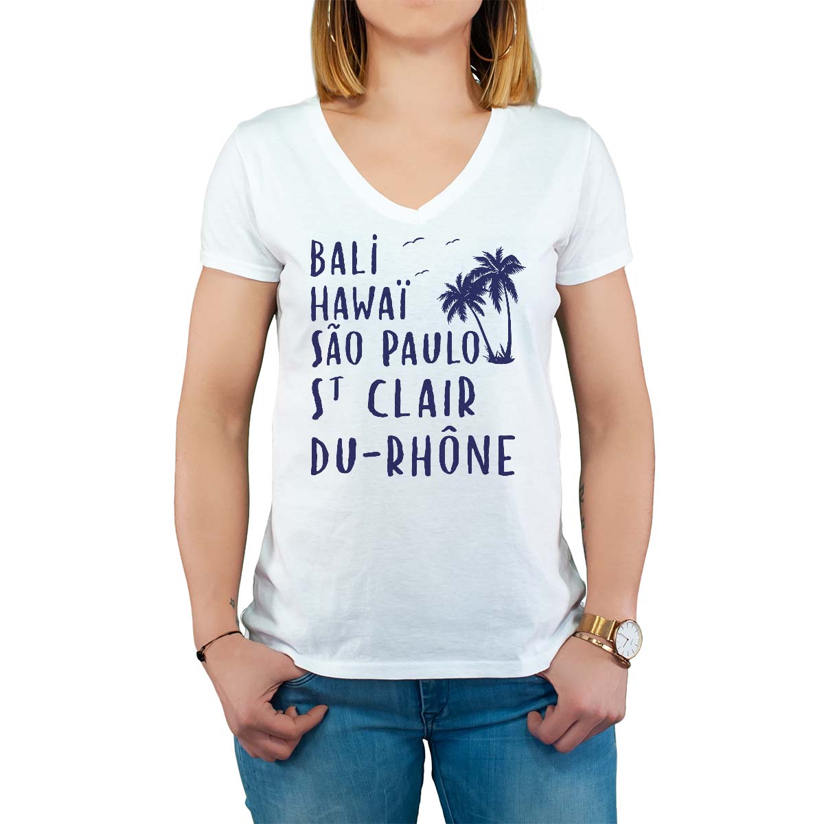 T-Shirt blanc pour femme avec le message personnalisé marine bali hawaï sao-paulo saint-clair-du-rhône