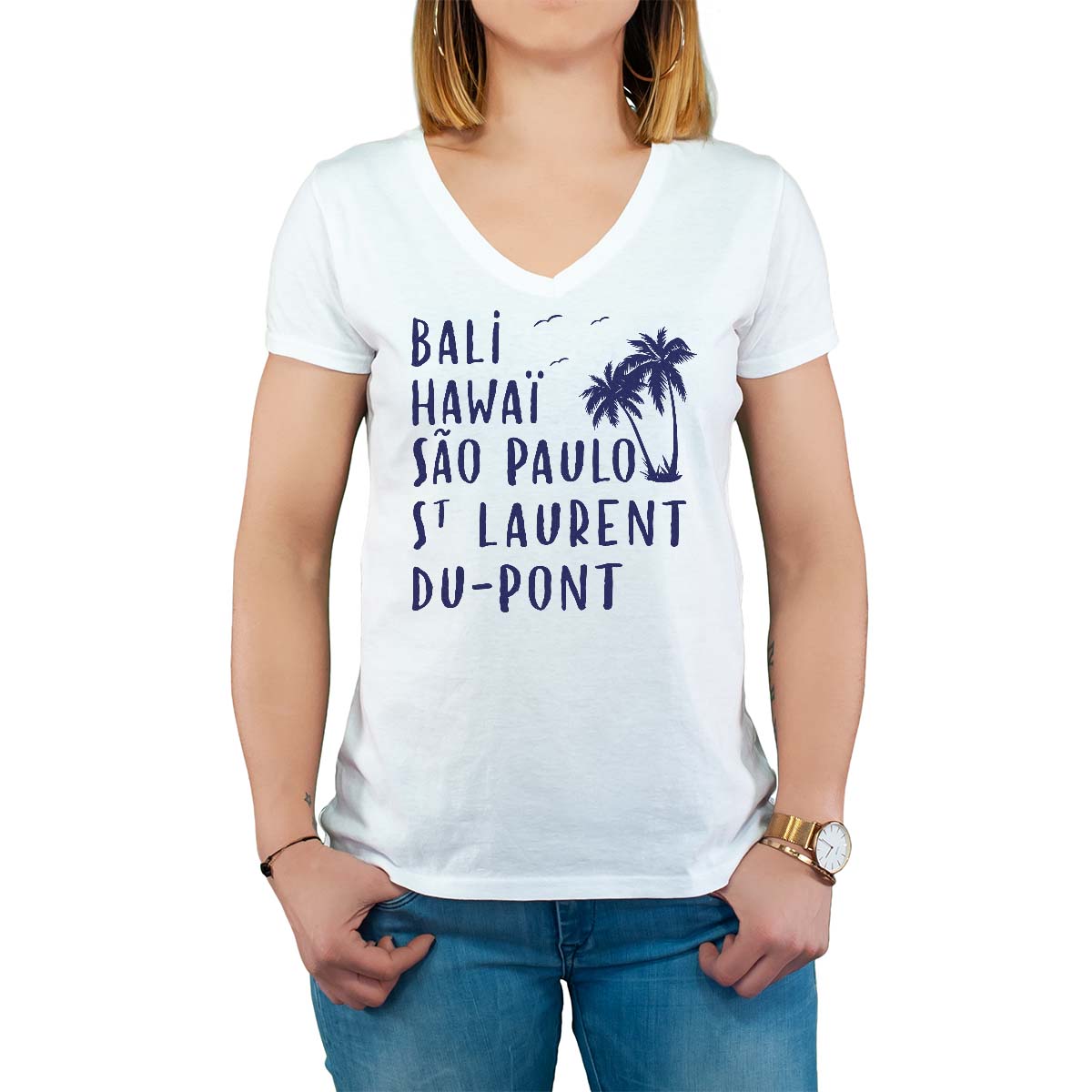 T-Shirt blanc pour femme avec le message personnalisé marine bali hawaï sao-paulo saint-laurent-du-pont