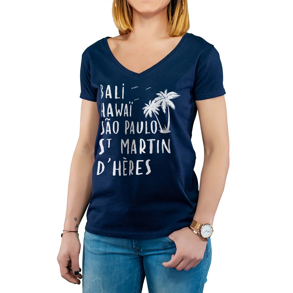 T-Shirt marine pour femme avec le message personnalisé blanc bali hawaï sao-paulo saint-martin-d'hères