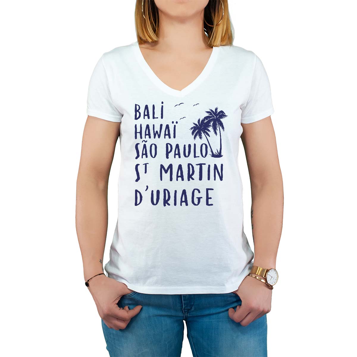 T-Shirt blanc pour femme avec le message personnalisé marine bali hawaï sao-paulo saint-martin-d'uriage