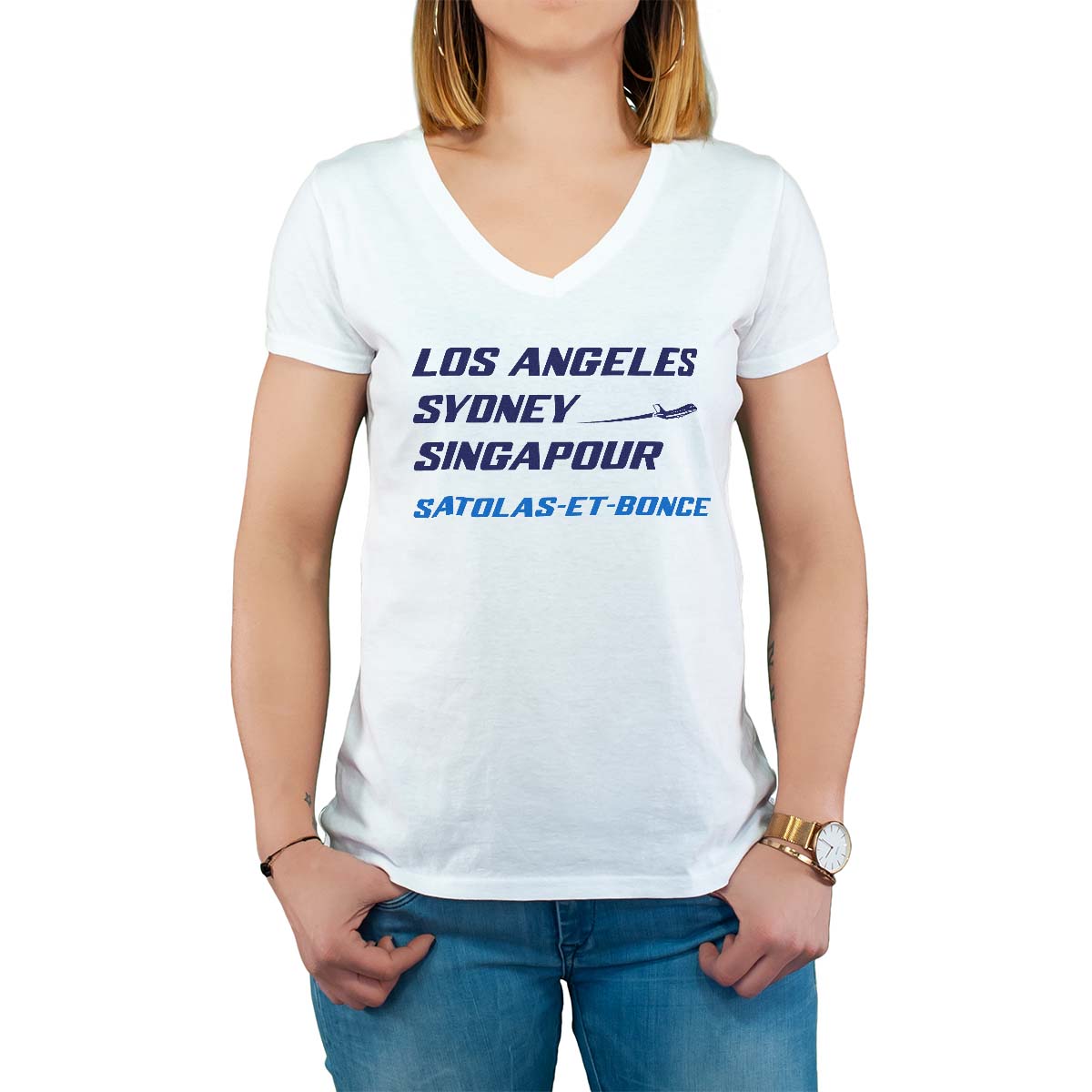 T-Shirt blanc pour femme avec le message personnalisé marine los angeles sydney singapour satolas-et-bonce