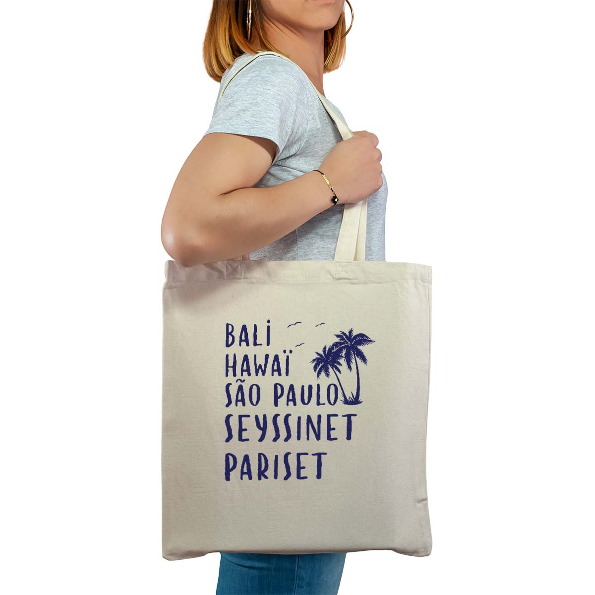 Totebag cabas personnalisé naturel pour femme avec le message personnalisé marine bali hawaï sao-paulo seyssinet-pariset
