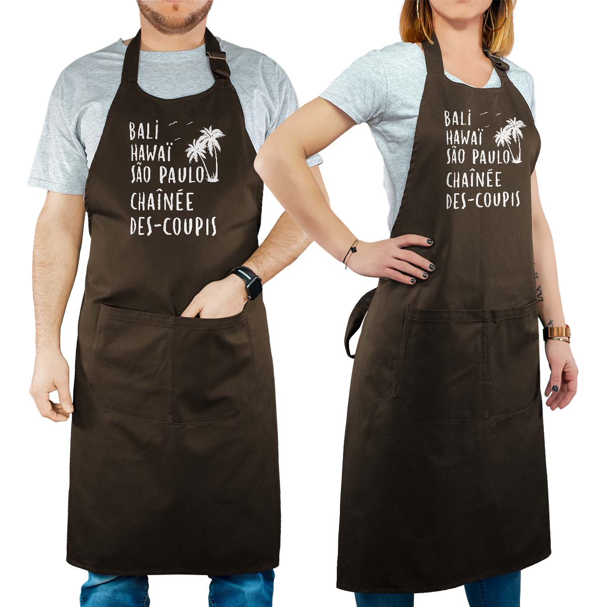 Tablier de cuisine personnalisé cacao pour femme avec le message personnalisé blanc bali hawaï sao-paulo chaînée-des-coupis