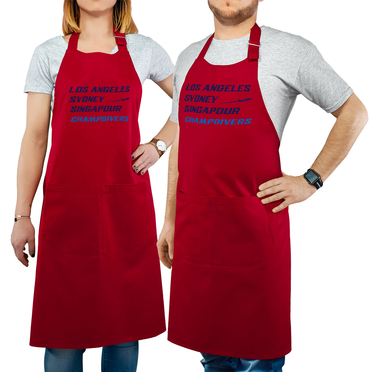 Tablier de cuisine personnalisé rouge pour femme avec le message personnalisé marine los angeles sydney singapour champdivers