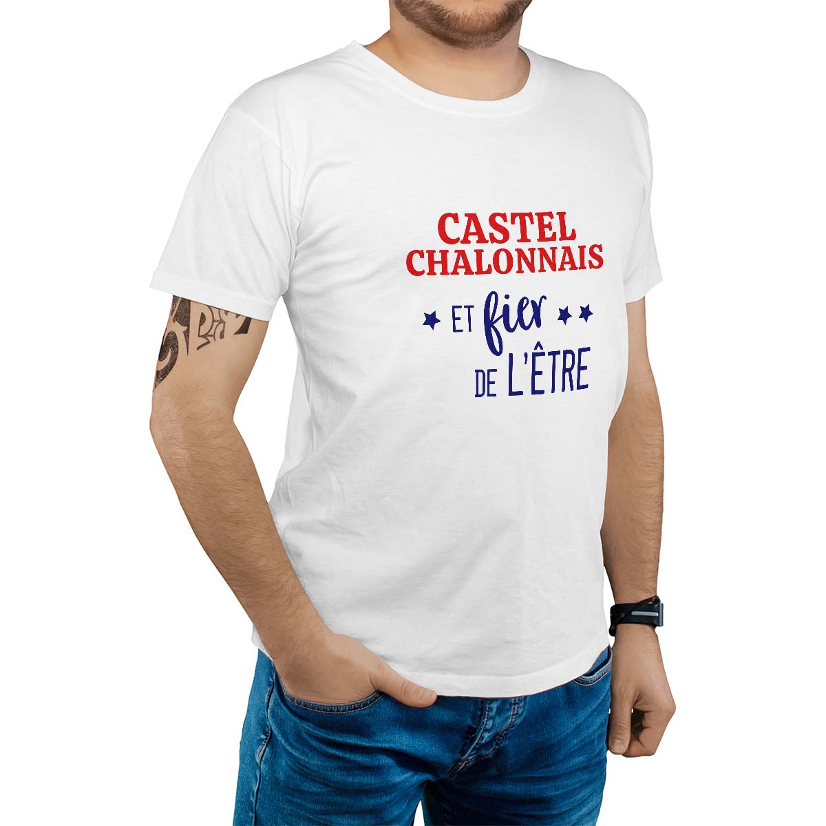 T-Shirt blanc pour homme avec le message personnalisé marine castel-chalonnais  et fier de l'être