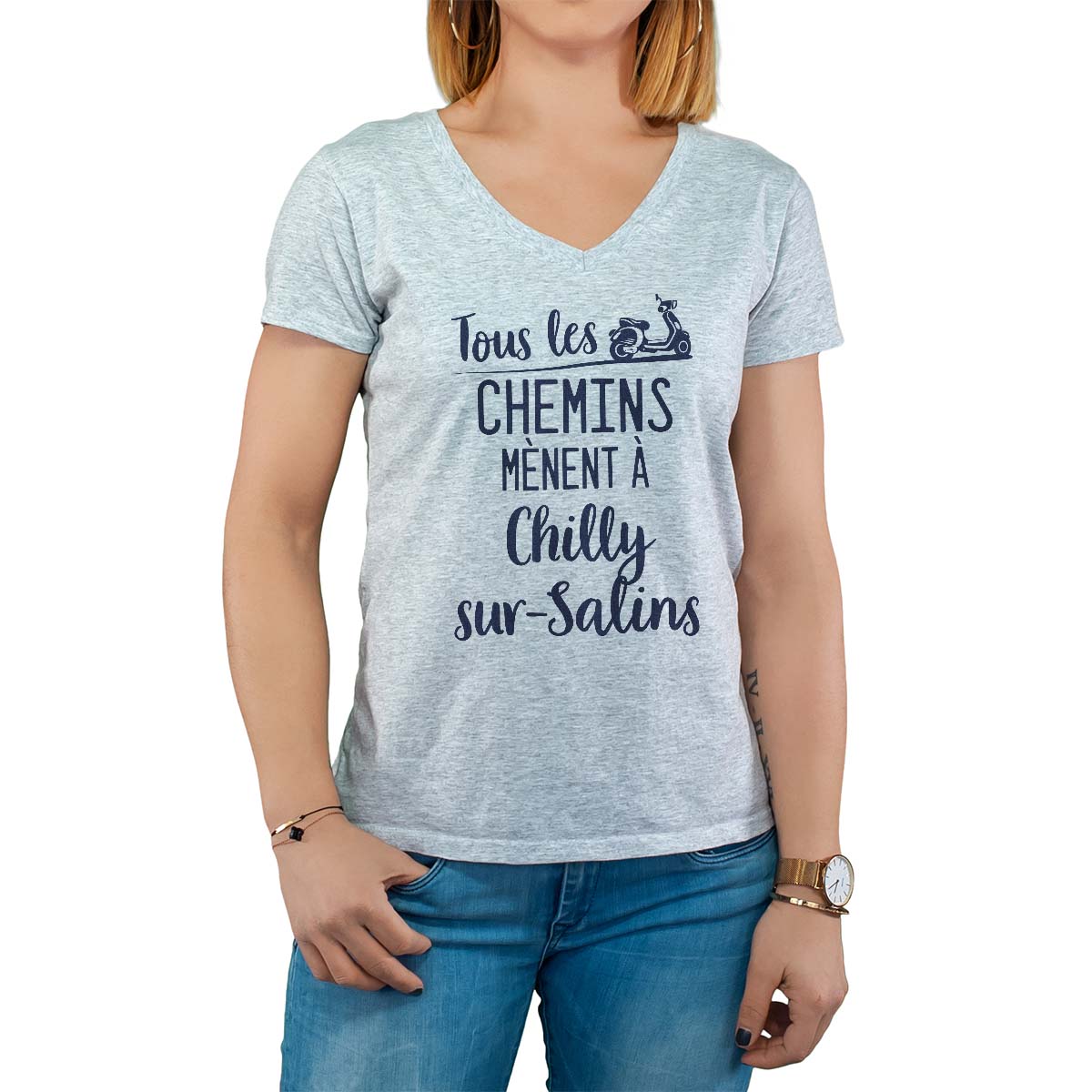T-Shirt gris pour femme avec le message personnalisé marine tous les chemins mènent à chilly-sur-salins
