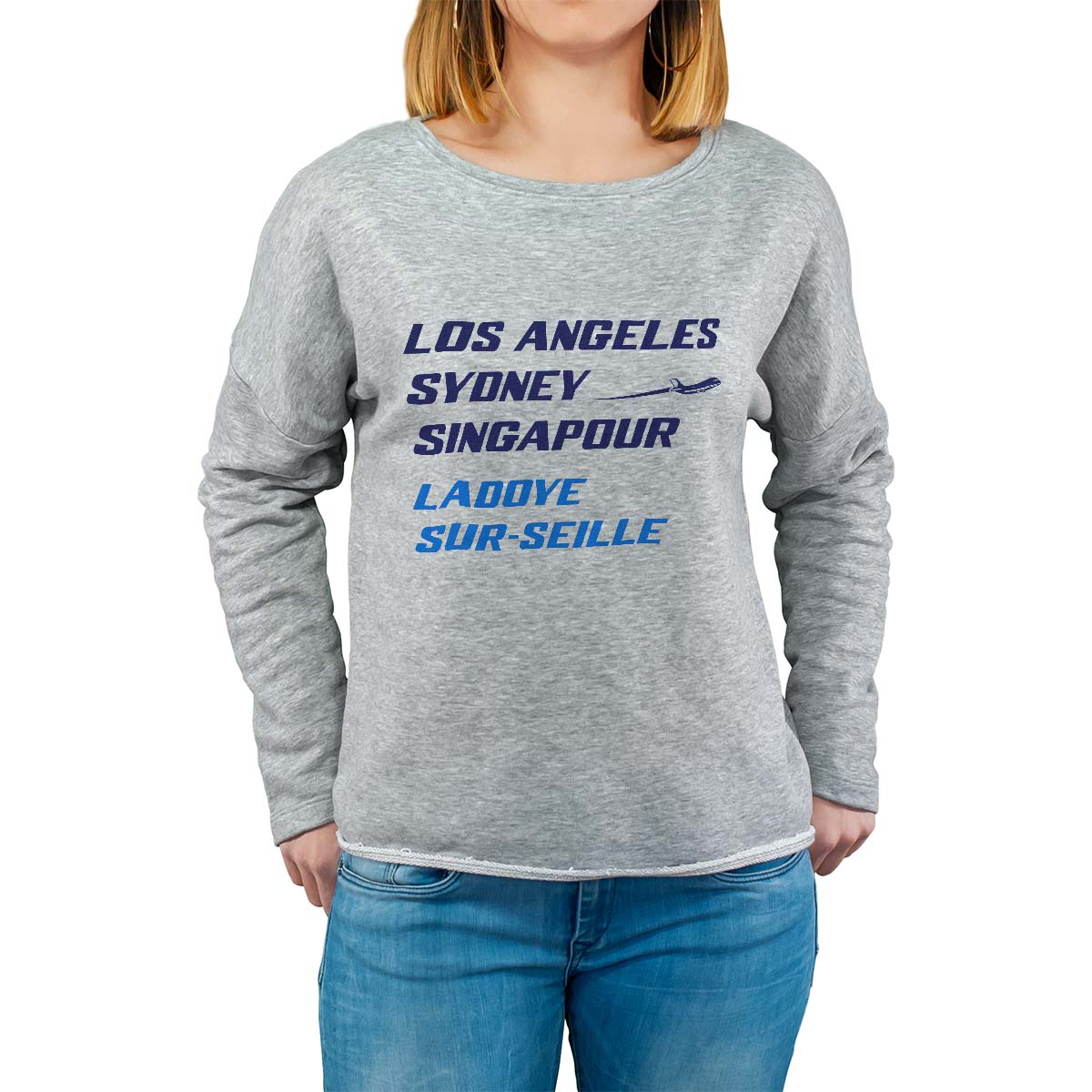 Sweat shirt gris pour femme avec le message personnalisé marine los angeles sydney singapour ladoye-sur-seille