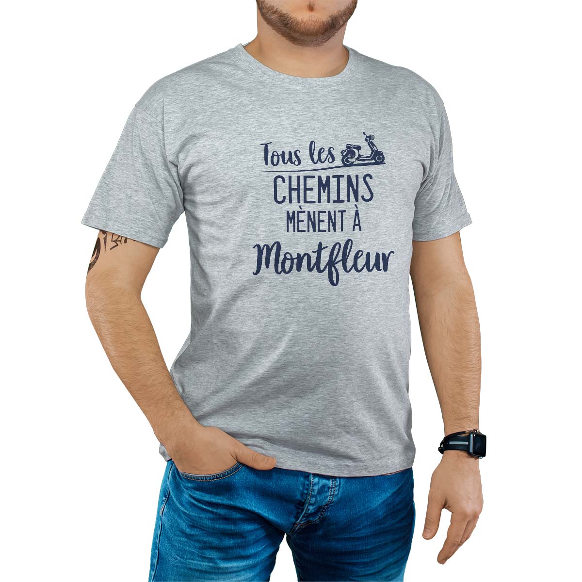 T-Shirt gris pour homme avec le message personnalisé marine tous les chemins mènent à montfleur