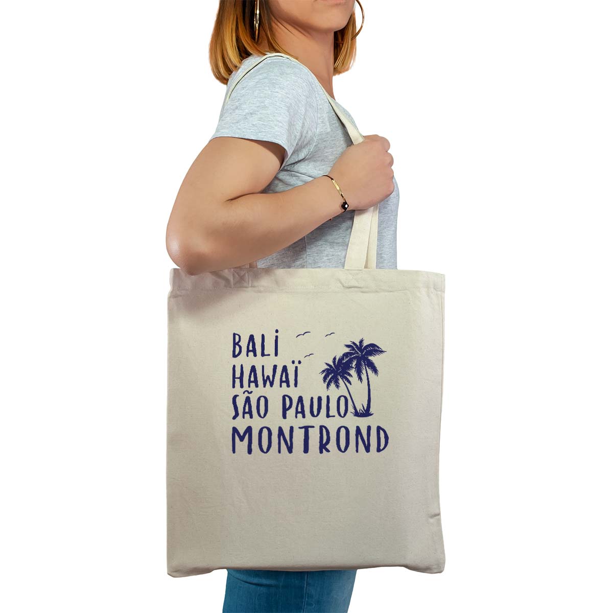 Totebag cabas personnalisé naturel pour femme avec le message personnalisé marine bali hawaï sao-paulo montrond