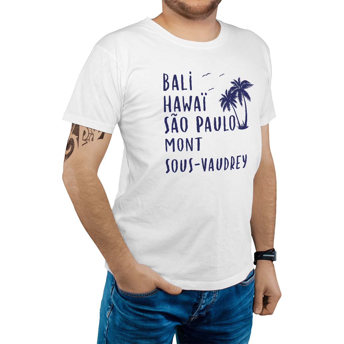 T-Shirt blanc pour homme avec le message personnalisé marine bali hawaï sao-paulo mont-sous-vaudrey