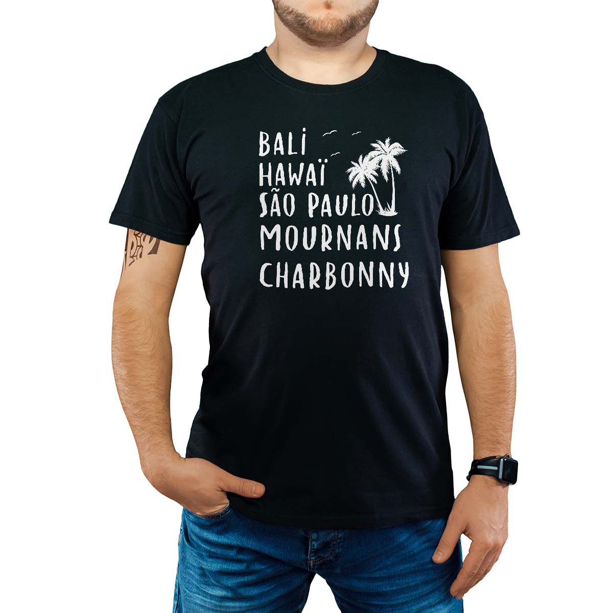 T-Shirt noir pour homme avec le message personnalisé blanc bali hawaï sao-paulo mournans-charbonny