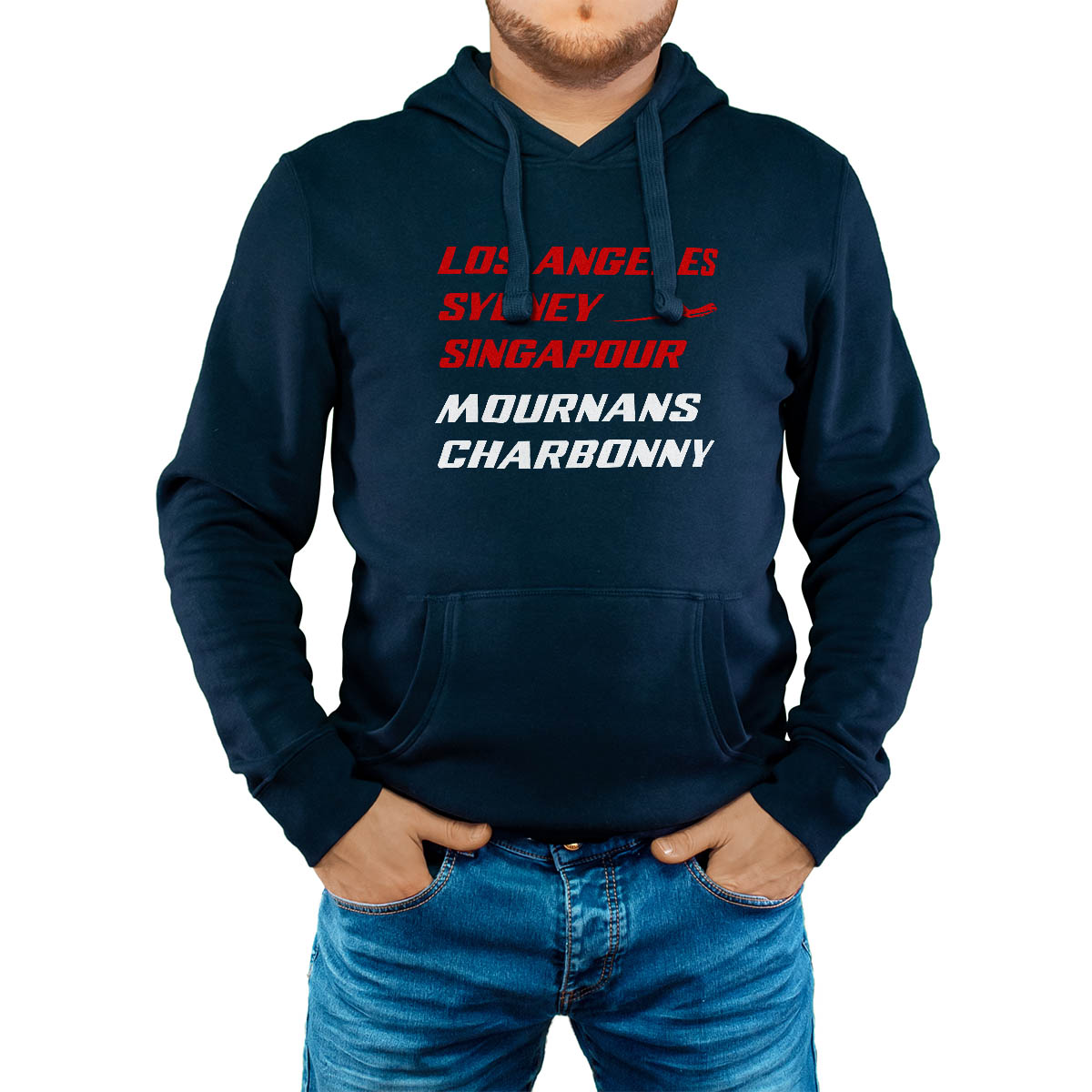 Sweat-shirt à capuche marine pour homme avec le message personnalisé rouge los angeles sydney singapour mournans-charbonny