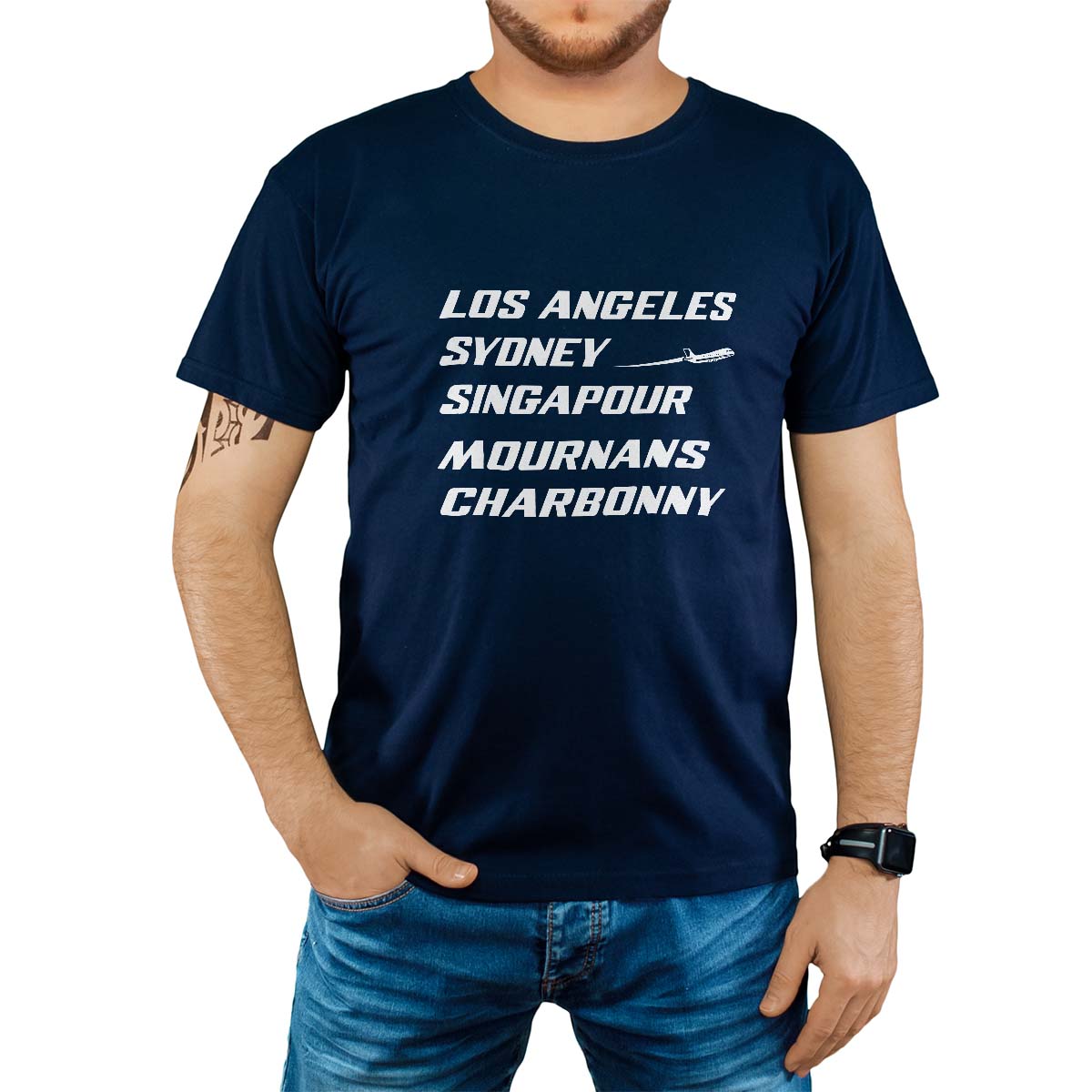 T-Shirt marine pour homme avec le message personnalisé blanc los angeles sydney singapour mournans-charbonny