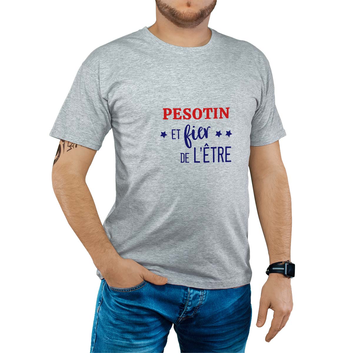T-Shirt gris pour homme avec le message personnalisé marine pesotin  et fier de l'être