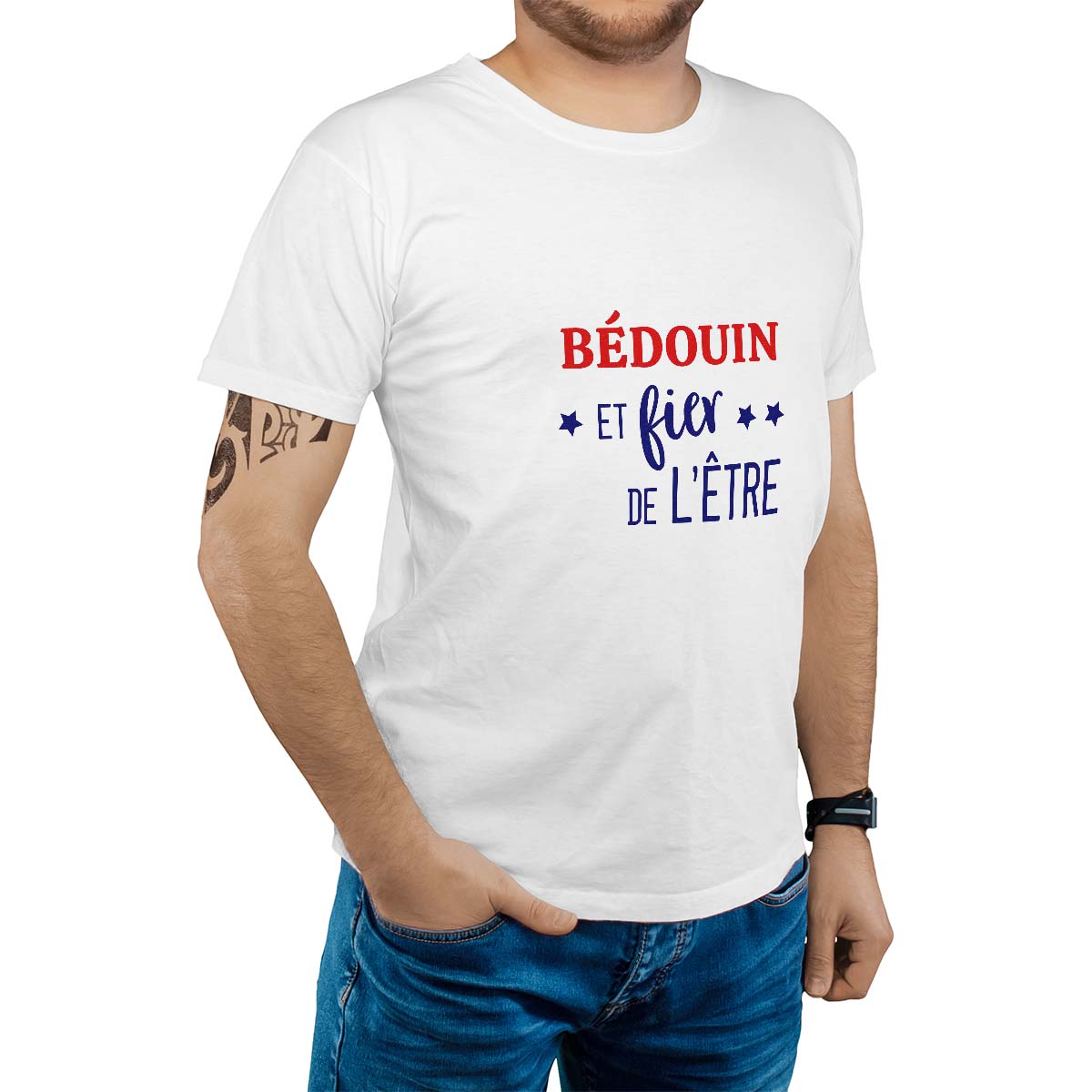 T-Shirt blanc pour homme avec le message personnalisé marine bédouin  et fier de l'être