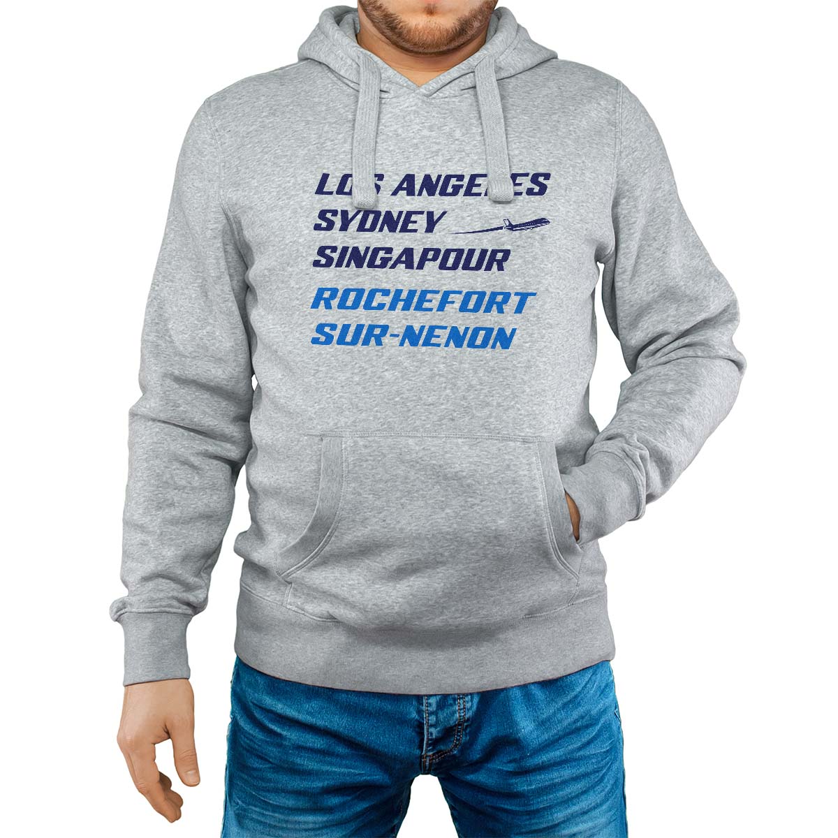 Sweat-shirt à capuche gris pour homme avec le message personnalisé marine los angeles sydney singapour rochefort-sur-nenon