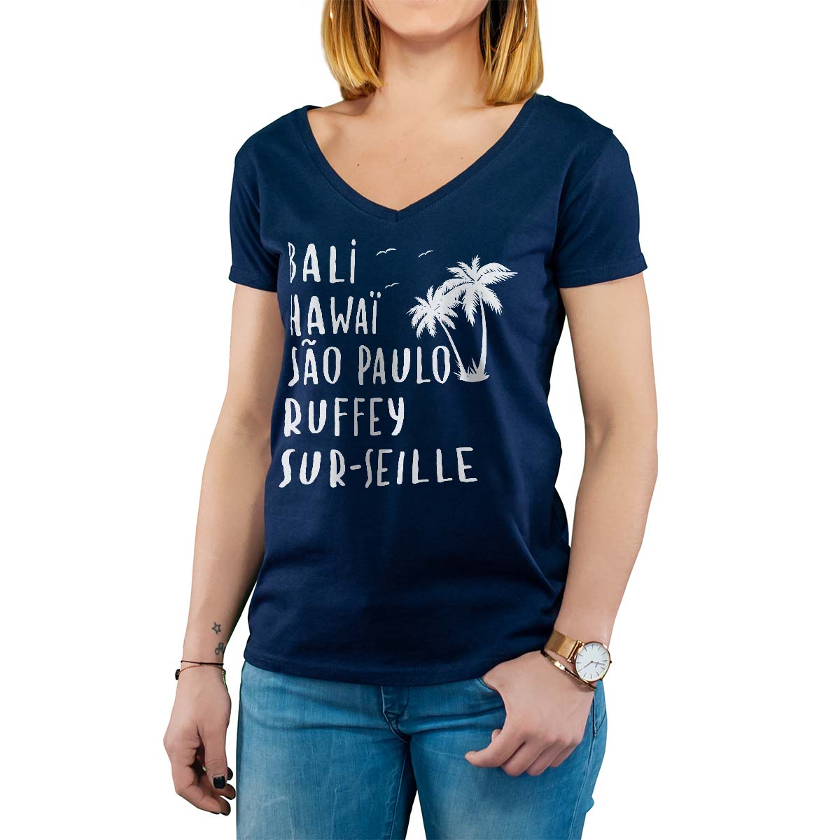 T-Shirt marine pour femme avec le message personnalisé blanc bali hawaï sao-paulo ruffey-sur-seille
